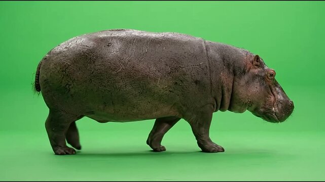 Large hippopotamus walking steadily across the frame in a smooth and realistic cinematic motion sequence
