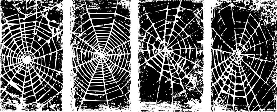 Set of four grunge spider webs with distressed textures on black background