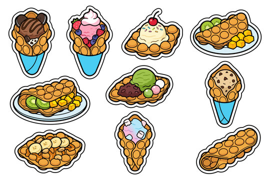 Assorted bubble waffle desserts with various toppings.