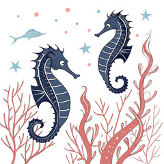 Two stylized seahorses amongst coral reef and starfish with sea horse, deep sea © come