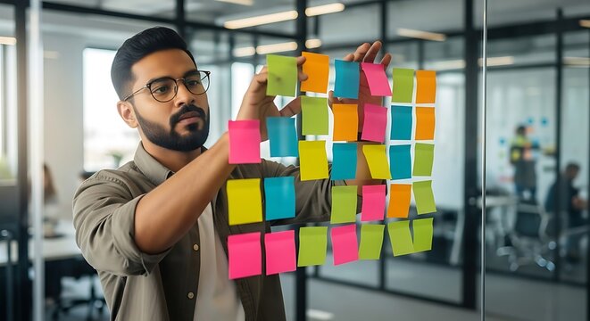 Focused professional man planning workflow with colorful sticky notes on a transparent glass wall in a bright corporate office. Ideal for project management and business strategy marketing.