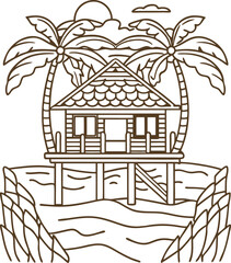 Obraz premium Tropical beach hut on stilts between palm trees with ocean waves and setting sun line art