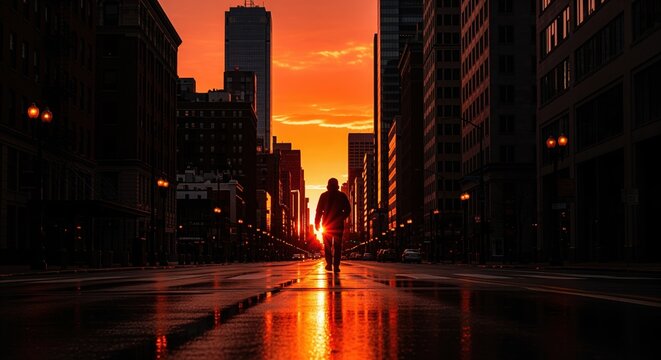 A solitary figure stands on a wet city street at sunset. Tall buildings frame a vibrant orange sky, with reflections glowing on the pavement&mdash;a dramatic scene of urban isolation and hope.