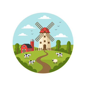 Flat of a farm landscape with a windmill, red barn, cows, and sheep in a circle