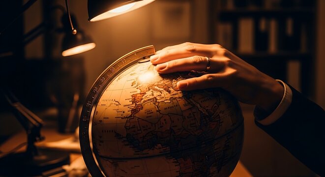 World globe guided by a professional hand in a dimly lit study with warm incandescent lighting and sharp focus. Ideal for international expansion and global strategy marketing.