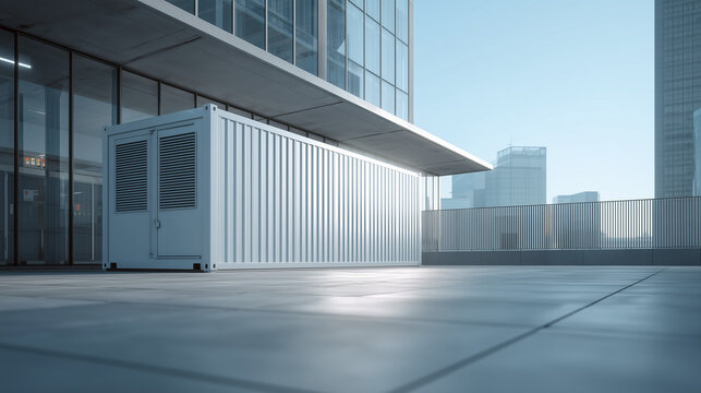 Modern modular data center container installed outside contemporary office building, edge computing and portable server infrastructure concept with clean urban architecture.