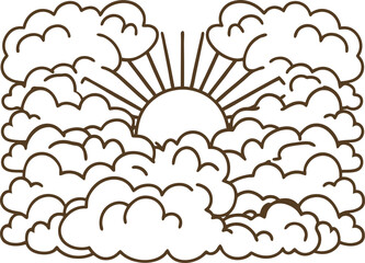 Fototapeta premium Sun rising behind multiple layers of clouds with rays extending upward illustration