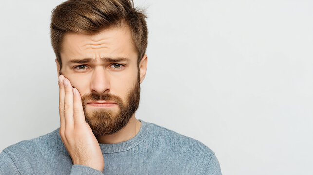 Portrait of worried young man touching cheek because of tooth pain. Dental healthcare, oral hygiene and sensitive teeth problem concept.