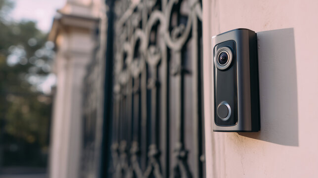 Close up of modern smart video doorbell camera mounted on house wall. Home security, surveillance and smart home technology concept.