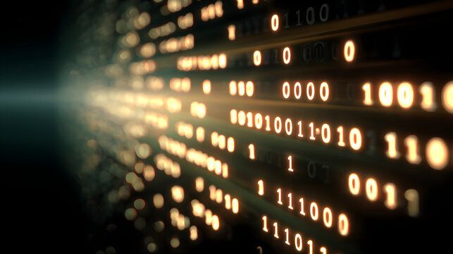 Abstract Golden Binary Code Stream With Glowing Digital Light