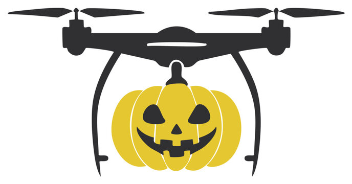 Drone carrying a carved Halloween pumpkin for seasonal festivities