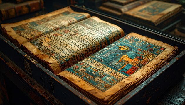 Ancient Pre-Columbian Codex Pages Displaying Vibrant Hieroglyphs and Detailed Illustrations