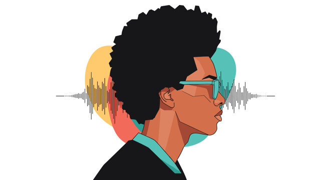 Side profile illustration of a man with a large afro wearing glasses against a background of colorful shapes and audio waveforms.
