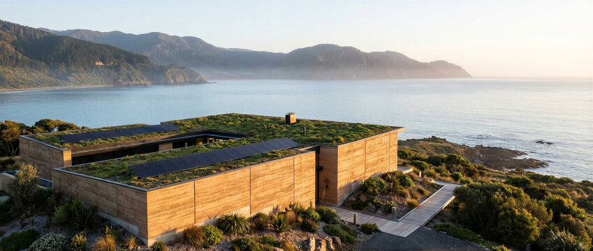 Architecture villa sustainability modern rammed earth house with green roof and solar panels overlooking the ocean at sunset