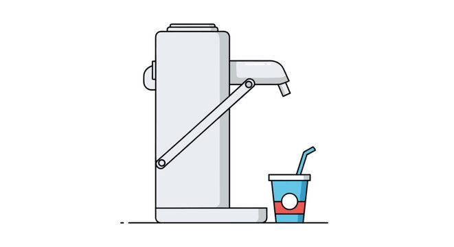 Simple flat illustration of a modern water dispenser machine next to a blue disposable cup with a drinking straw for office hydration.
