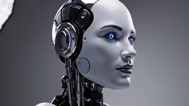 Slow panning tracking shot of humanoid robot head turning and focusing in grey studio closeup with metallic android face and glowing blue eyes under clinical lighting