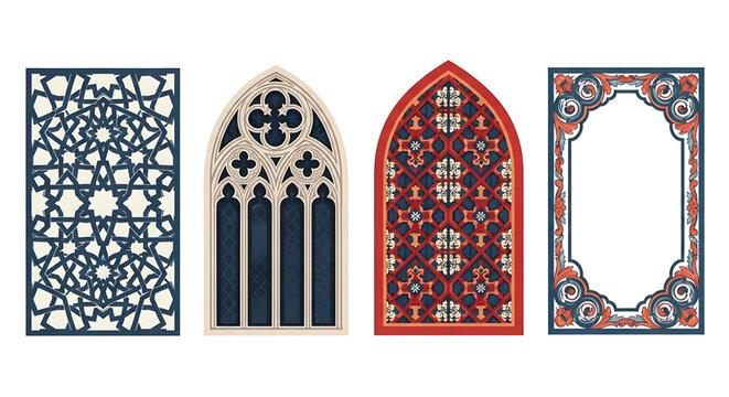 Set of decorative window frames and ornamental panels with intricate patterns