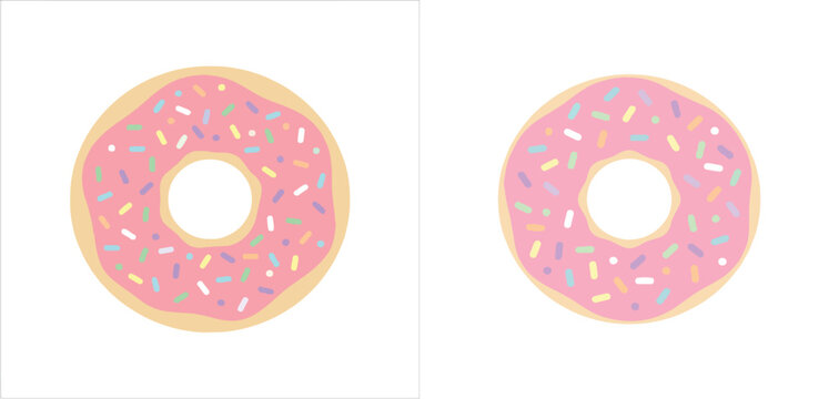 Flat design of a donut with sprinkles, soft color palette, centered, no borders, white background