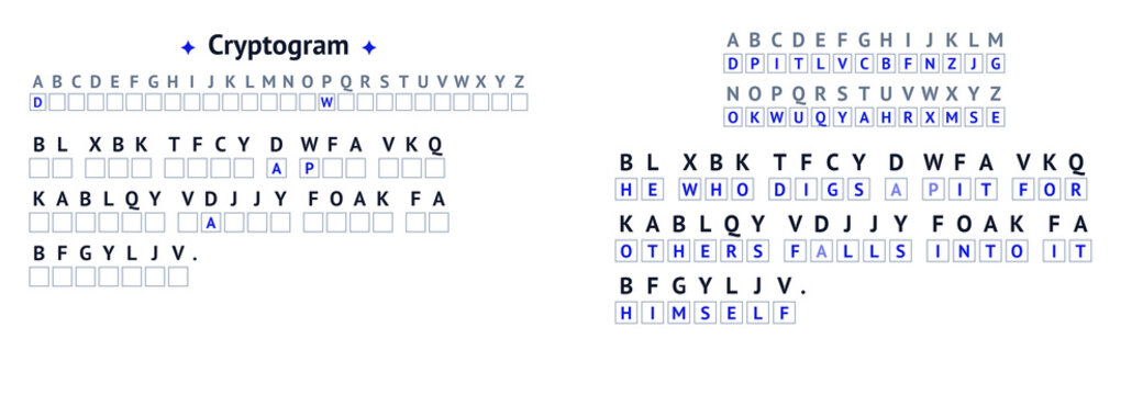 Cryptogram puzzle with letters and symbols on white background  