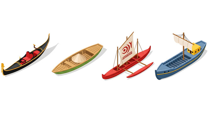 Set of various traditional boats including gondola, sampan, outrigger canoe and dhow