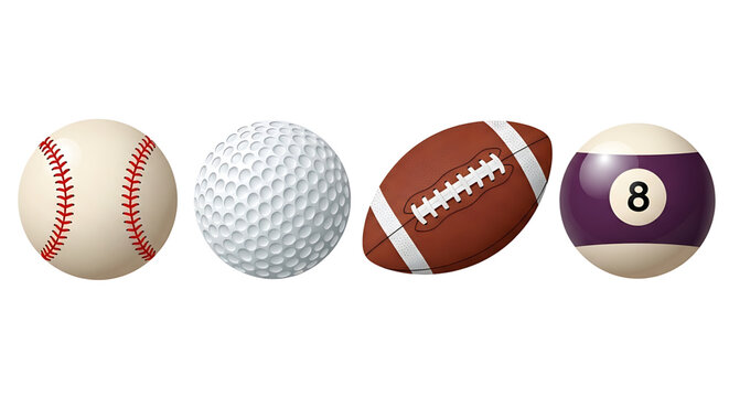 Set of different sports balls including baseball, golf ball, american football and 8ball billiard ball