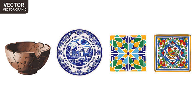 Set of decorative ceramic items including a cracked clay bowl, a blue and white porcelain plate, and two patterned tiles