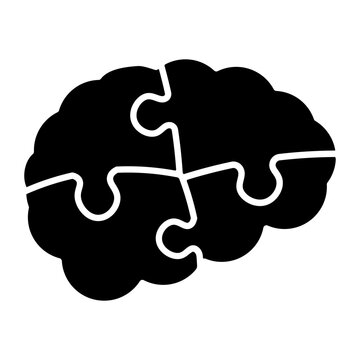 Black brain icon made of four puzzle pieces, representing problem-solving, intelligence, or cognitive processes.