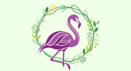 Obraz premium A vibrant purple flamingo surrounded by a lush green floral wreath on a light green background with yellow flowers.