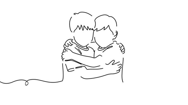Animation of line drawing of siblings hugging gently, symbolizing support, comfort, and meaningful relationships.