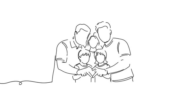 Animation of line drawing of family forming a heart shape with their hands, representing love, care, and unbreakable bonds.