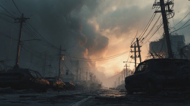 Desolate Urban Landscape with Abandoned Vehicles Amidst Destruction and Post-Disaster Confusion