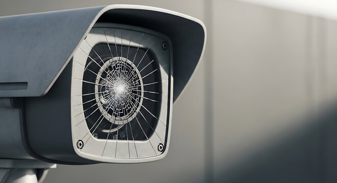 Broken security camera features a shattered glass lens in a sharp focus macro shot. Ideal for property protection and vandalism reporting articles.