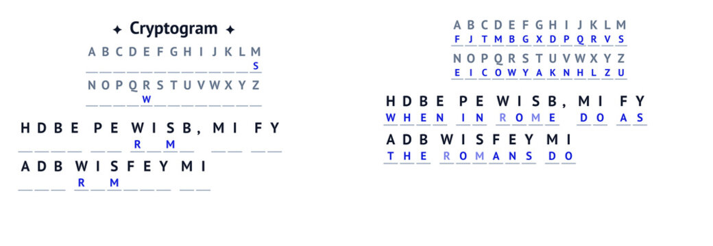 Cryptogram puzzle with encoded text and deciphering instructions  