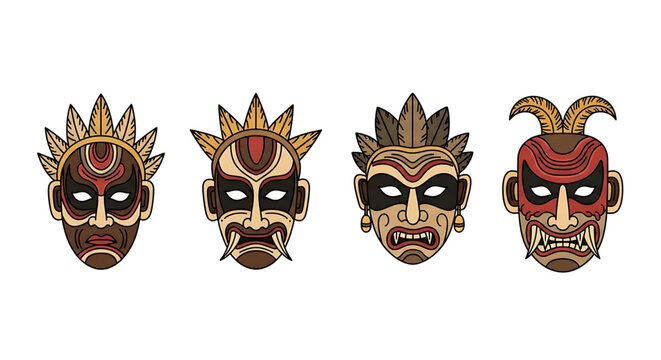 Set of tribal ethnic masks with feathers, traditional ritual masks for carnival or festival, vector illustration