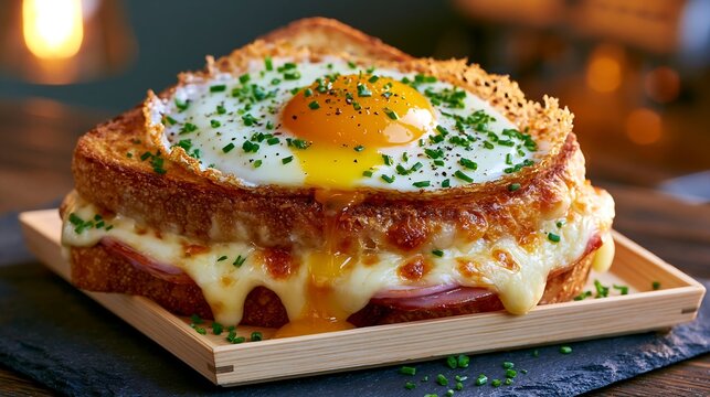 Croque madame sandwich with runny fried egg and melted cheese