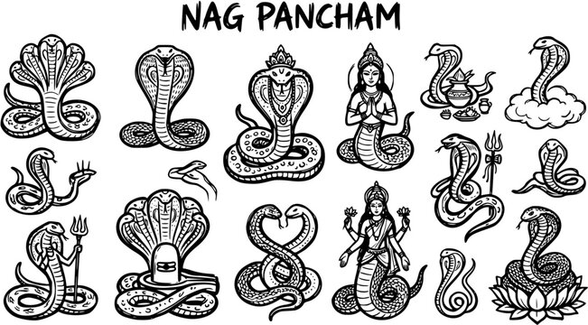 Nag Pancham: Set of Hindu Cobra Snake Icons and Deity Line Art for Religious Festivals