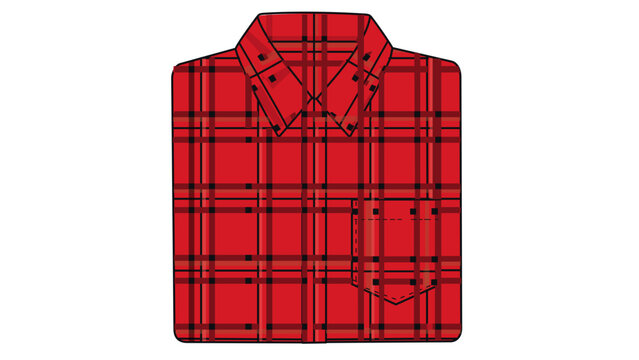 Red plaid flannel button-up shirt vector illustration with editable line weight. Customizable men's outdoor fashion icon for casual autumn wear, camping gear, and lifestyle catalogs.