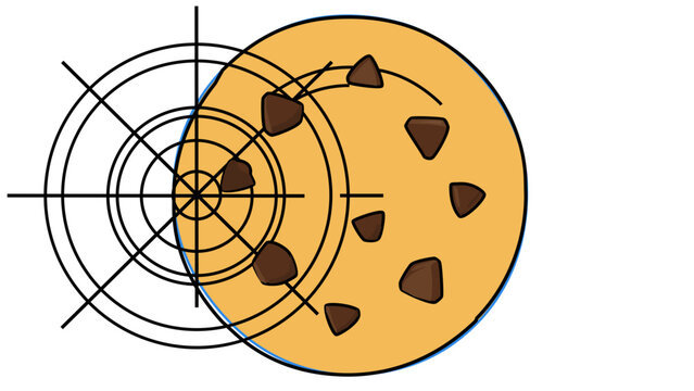 Gourmet cocoa chip biscuit vector emblem for garden parties and dessert menus, artistic multi-colored line art with scalable path density and modifiable stroke properties for web design.