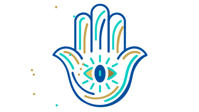 Radiant rainbow-hued protective palm with central nazar eye emblem &mdash; a bold multi-color khamsa line vector for spiritual empowerment rituals, mystical branding, yoga harmony practice, and ethnic