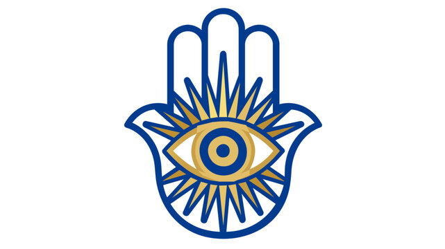Gilded sapphire Khamsa palm with nazar eye centerpiece &mdash; a radiant gold and blue line art talisman icon for divine blessing, esoteric decor, yoga serenity practice, and mystical cultural protection