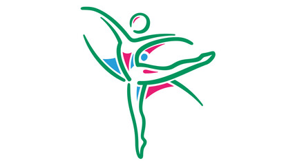 Artistic ballet dancer vector icon featuring a graceful attitude pose with fluid green, pink, and blue lines. This vibrant illustration captures the elegance of dance, movement, and performance.