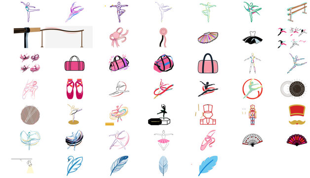 Elegant ballet and dance vector icon set featuring 47 artistic illustrations of ballerinas, tutus, pointe shoes, and barre equipment. This collection is ideal for studio branding and performance art.
