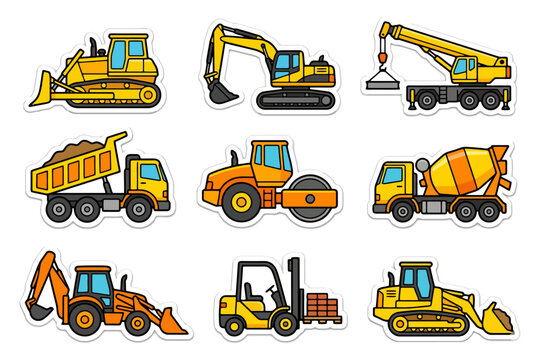 Cartoon construction vehicles collection with bulldozer, excavator, and crane.