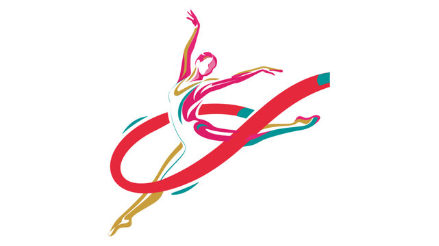 Vibrant vector illustration of a rhythmic gymnast performing a graceful grand jet&eacute; leap with a flowing ribbon, creative line art design for ballet and dance themes on a white background.