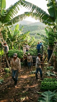 Workers harvest green bananas in a lush tropical plantation, sunlight filters through broad leaves and hills rise in the distance, the scene feels industrious and rural