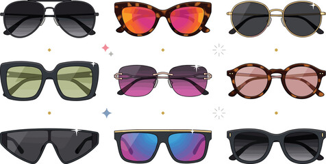 Stylish Sunglasses Vector Collection with Aviator, Retro, Sport, and Fashion Eyewear Illustrations for Summer and Optical Designs © Galib