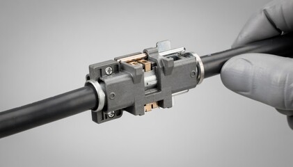 Naklejka premium Medium shot of a singletap highvoltage insulation displacement connector highlighting easy toolless installation for efficient power line connections.