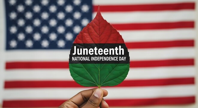 Hand holding a leaf painted with the panafrican flag colors in front of an american flag for juneteenth national independence day