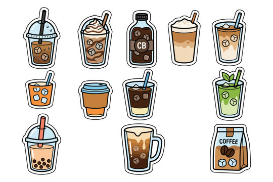 Assorted cold beverage stickers: iced coffee, bubble tea, milkshake, green tea icons.