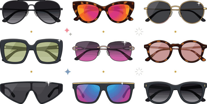 Stylish Sunglasses Vector Collection with Aviator, Retro, Sport, and Fashion Eyewear Illustrations for Summer and Optical Designs
